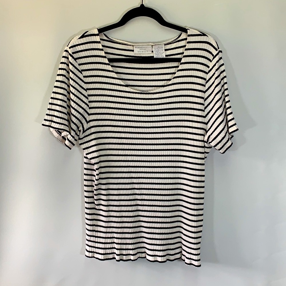 Worthington Woman Vintage Stretch Ribbed Striped Plus Size 2X Short Sleeve Top